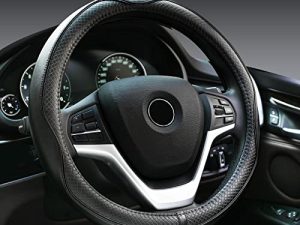 Rueesh Microfiber Leather Steering Wheel Cover Anti-Slip Matte Finish Auto Car Wheel Cover Universal 15 Inch Wheel Cover for Car Embossing Pattern Black Line