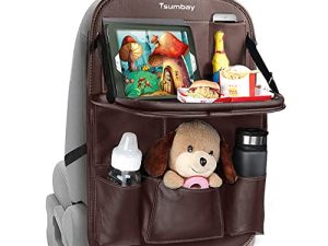 Tsumbay Car Backseat Organizer with Tablet Holder，9 Storage Pockets PU Leather Car Storage Organizer with Foldable Table Tray Car Seat Back Protectors Kick Mats Travel Accessories-Brown 1Pcs