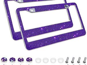 JUSHACHENGTA Bling Bling License Plate Frames 2 Pack White Bow - Handmade Waterproof Glitter Rhinestones Crystal Plate Frames for Cars with 2 Holes Screws Caps Set Gift White Bowtie (Purple)