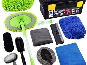 FORCAR 15Pcs Car Wash Cleaning Kit with Extendable Long Handle Brush Mop & Long Pole Window Water Scraper