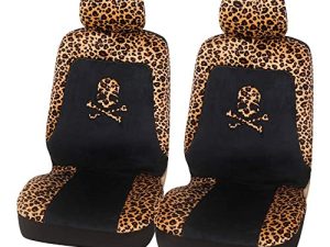 AUTOYOUTH 2PCS Trendy Leopard Skull Pattern Integrated Front Bucket Seat Cover Velvet Fabric Black Auto Accessories Universal Fits for Most Cars