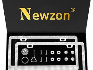 Newzon Rhinestone Bling License Plate Frames for Women Cute- 2 Pack Bedazzled Sparkle Cute Diamond Car License Plate Frame - Glitter Crystal Tag Frame - Crystal Screw Cap - Wonderful Box
