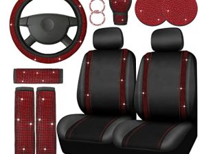 Bling Car Seat Covers Set Car Diamond Accessories with Shiny Bling Car Seat Covers Bling Steering Wheel Cover Seat Belt Pads Glove Glitter Center Pad Cup Drill Rings Universal Car (Front Seat)