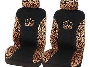 AUTOYOUTH 2PCS Trendy Leopard Crown Pattern Integrated Front Bucket Seat Cover Velvet Fabric Black Auto Accessories Universal Fits for Most Cars