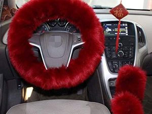 3 Pcs Fluffy Car Steering Wheel Cover Set Faux Wool Soft Furry Steering Wheel Cover Universal Warm Fluffy 15 inch (Wine Red)