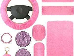 10 Pieces Fluffy Steering Wheel Covers Handbrake Cover Seat Belt Shoulder Pads Gear Shift Cover Diamond Tray Ignition Ring Ball Key Chain Armrest Box Mat (Pink)