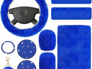 10 Pieces Fluffy Steering Wheel Covers Handbrake Cover Seat Belt Shoulder Pads Gear Shift Cover Diamond Coaster Ignition Ring Ball Key Chain Armrest Box Mat(Royal Blue)