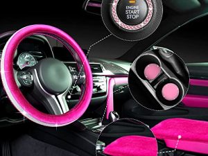 5 Pieces Bling Car Accessories Set Crystal Diamond Car Steering Wheel Cover Faux Fur Auto Center Console Pad Cup Insert Cup Holders Rhinestone Ring Sticker for Car Decor (Hot Pink)