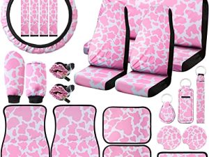 26 Pieces Cow Print Car Accessories Pink Cow Pattern Car Seat Covers Full Set Cute Steering Wheel Cover Car Floor Mats Center Console Pad Cup Coasters Seat Belt Pads for Women Girl Car Interior Decor