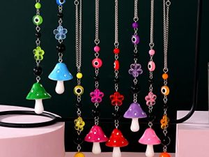 8 Pcs Mushroom Car Hanging Ornament Lucky Mushroom Evil Eye Car Pendant Cute Resin Rear View Mirror Accessories Colorful Beaded Rearview Mirror Decor for Vehicle Home Office Door Window Balcony