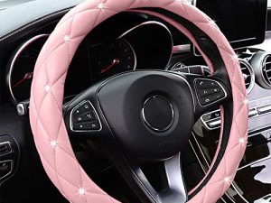 YOGURTCK Cute Diamond Soft Light Pink Leather Anti-Slip Steering Wheel Cover with Bling Bling Crystal Rhinestones