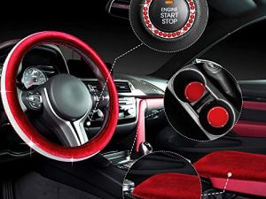 5 Pieces Bling Car Accessories Set Crystal Diamond Car Steering Wheel Cover Faux Fur Auto Center Console Pad Cup Insert Cup Holders Rhinestone Ring Sticker for Car Decor (Red)