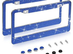 2 Pack Bling License Plate Frame，Handcrafted Bling Rhinestone Premium Stainless Steel License Plate Frame，14 Facets Clear Color Rhinestone Crystal (Blue)