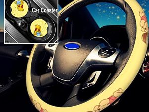Ailidcopi Cute Cartoon Car Accessories – Steering Wheel Cover for Women with 2PCS Car Coasters – Car Steering Wheel Cover for Universal Fit 15 Inch for Men– Yellow