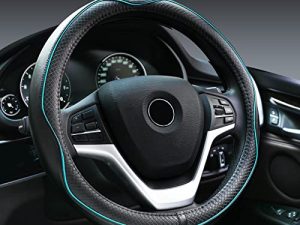 Rueesh Microfiber Leather Steering Wheel Cover Anti-Slip Matte Finish Auto Car Wheel Cover Universal 15 Inch Wheel Cover for Car Embossing Pattern (Light Blue Line)