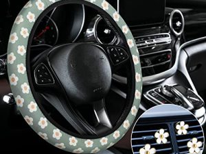 Cute Steering Wheel Cover Flower Steering Wheel Cover Floral Steering Wheel Cover for Girls with 4 Pieces Cute Flowers Car Air Vent Clips for Women Girls Car Decorations (Fresh Pattern)