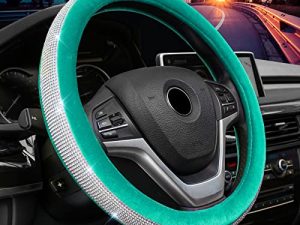 Alusbell Crystal Diamond Steering Wheel Cover Soft Velvet Feel Bling Steering Wheel Cover for Women Universal 15 inch Plush Wheel Cover for Escape Fusion Focus Accord Prius Rav4 Lake Blue