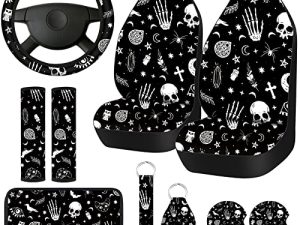 Frienda Moon Star Car Seat Cover for Women Men Rubber Steering Wheel Cover Seat Belt Pads Armrest Pad Cover Keychain Wrist Holder Fit Most Car SUV for Halloween (Vivid Pattern)