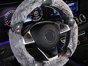 KAFEEK Diamond Fluffy Microfiber Plush Steering Wheel Cover with Bling Bling Crystal Rhinestones for Winter Warm