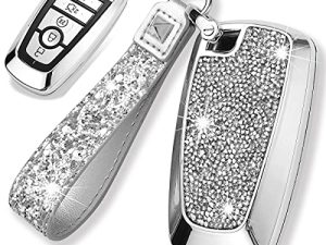 Royalfox(TM) 3 4 5 Buttons 3D Bling keyless Entry Remote Smart Key Fob case Cover for 2017 2018 2019 2020 2021 2022 Ford Mustang Explorer Edge Fusion F150 F250 F350 F450 F550 (Silver)