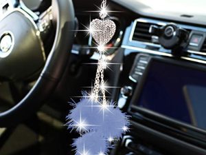 YIDEXIN Bling Car Accessories for Women £¦ Men Bling White Heart and Pink Fuzzy Drops Bling Rinestones Diamond Car Accessories Crystal Car Rear View Mirror Charms