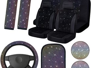 15 Pcs Bling Velvet Fabric Car Seat Covers Full Set Black Bling Car Accessories for Women