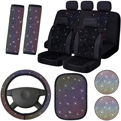 15 Pcs Bling Velvet Fabric Car Seat Covers Full Set Black Bling Car Accessories for Women 15 Pcs Bling Velvet Fabric Car Seat Covers Full Set Black Bling Car Accessories for Women