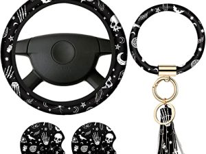 4 Pieces Black Moons White Stars Print Car Accessories Set Black Moons White Stars Steering Wheel Cover with 2 Pieces Car Cup Holder and Leather Keyring for Car Truck SUV (Horror Pattern)