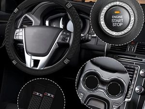 6 Pieces Steering Wheel Cover for Women Diamond Leather Car Seat Belt Shoulder Pads Cup Holder Insert Cup Holders Rhinestone Ring Sticker Emblem with Crystal Rhinestones Car Decoration (Black)