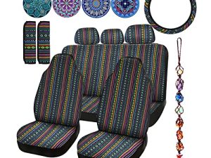 Frienda 14 Pcs Baja Car Seat Covers Full Set Multicolor Stripe Car Seat Covers Boho Print Steering Wheel Cover Seat Belt Cover Crystal Hanging Ornament Car Holders Fits for Car(Stylish Style)