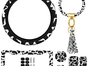 7 Pieces Cow Print Car Accessories Cow Steering Wheel Cover Cow License Plate Frame with Screws Cow Car Cup Holder Cow Keyring Bracelet Cow Non Slip Handbrake Cover Gear Shift Cover for Car Truck SUV