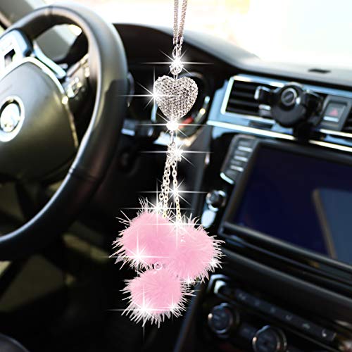 YIDEXIN Bling Car Mirror Accessories for Women £¦ Men Bling Love Heart and Pink Plush ball Bling Rinestones Diamond Car Accessories Crystal Car Rear View Mirror Charms YIDEXIN Bling Car Mirror Accessories for Women £¦ Men Bling Love Heart and Pink Plush ball Bling Rinestones Diamond Car Accessories Crystal Car Rear View Mirror Charms