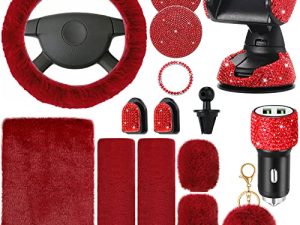 15 Pcs Fluffy Bling Car Accessories for Women Fluffy Steering Wheel Cover Bling License Plate Frame Car Phone Holder Crystal USB Charger Handbrake Cover Seat Belt Shoulder Pads Cup Holder Gear Cover
