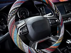 Valleycomfy Cloth Steering Wheel Covers for Women Bohemian Universal 15 inch Baja Blanket Enthic Grey