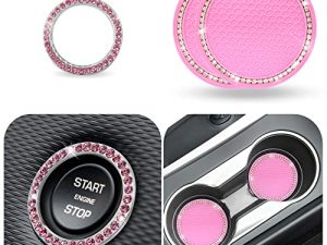 EcoNour Car Cup Coasters (2 Pack) with Pink Push Start Button Bling Ring (1 Pack) | Pink Car Interior Accessories for Women | Classy and Elegant Pink Crystal Car Decor for Cars