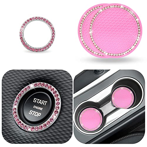 EcoNour Car Cup Coasters (2 Pack) with Pink Push Start Button Bling Ring (1 Pack) | Pink Car Interior Accessories for Women | Classy and Elegant Pink Crystal Car Decor for Cars EcoNour Car Cup Coasters (2 Pack) with Pink Push Start Button Bling Ring (1 Pack) | Pink Car Interior Accessories for Women | Classy and Elegant Pink Crystal Car Decor for Cars