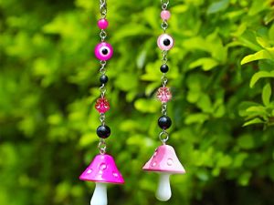 2 Pcs Mushroom Car Hanging Ornament Evil Eye Rear View Mirror Accessories Lucky Rearview Mirror Charms Resin Mushroom Pendant Cute Rear View Mirror Decoration for Vehicle Home Door (Pink