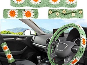 Tallew 2 Pcs Crochet Steering Wheel Cover with Crochet Belt Cover Sunflower Steering Wheel Cover Handmade Crochet Flower Steering Wheel Cover for Women Girl Cars