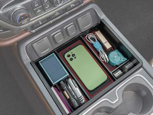 JKCOVER Center Console Organizer Compatible with Chevy Silverado/GMC Sierra 2014 2015 2016 2017 2018 1500/2500/3500HD Accessories Console Compartment Storage Tray -Bucket Seats ONLY (Red Trim)