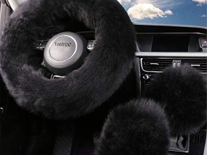 Yontree Fashion Fluffy Steering Wheel Covers for Women/Girls/Ladies Australia Pure Wool 15 Inch 1 Set 3 Pcs (Black)