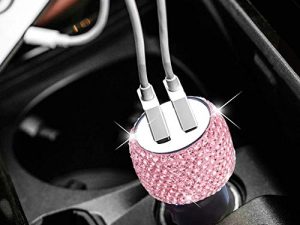 Dual USB Car Charger Bling Bling Handmade Rhinestones Crystal Car Decorations for Fast Charging Car Decors Pink for iPhone