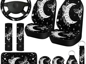 10 Pcs Moon Star Car Seat Covers Full Set Car Accessories for Women Front Seat Covers Steering Wheel Armrest Cover Seat Belt Cover Cup Holders for Automotive SUV Sedan Interior Decor (Butterfly)
