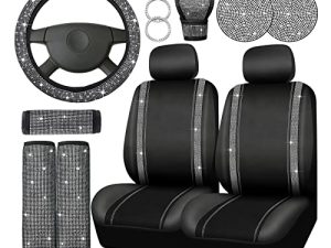 Bling Car Seat Covers Set Car Diamond Accessories with Shiny Bling Car Seat Covers Bling Steering Wheel Cover Seat Belt Pads Glove Glitter Center Pad Cup Drill Rings Universal Car (Silver