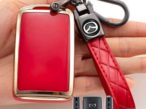 Saimui Smart Key Fob Case Cover Protector with Leather Key Holder Compatible with 2019-2022 Mazda 3