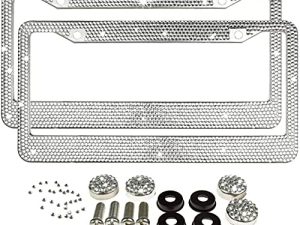 JUSHACHENGTA Bling Bling License Plate Frames 2 Pack White Bow - Handmade Waterproof Glitter Rhinestones Crystal Plate Frames for Cars with 2 Holes Screws Caps Set Gift White Bowtie (White)