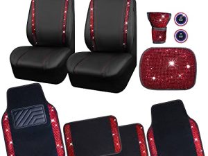 CAR PASS Bling Rhinestone Diamonds Car Seat Covers Leather&Shining Diamond Car Floor mats Carpet with Anti-Slip Nibs&Bling Car Accessories Sets(Red Glitter Crystal Diamond Combo Set)