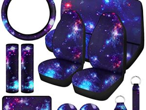 Frienda 15 Pieces Galaxy Car Seat Cover Steering Wheel Cover Universal Star Space Galaxy Car Accessories Separate Headrest Cover Seat Belt Pads fit for Auto Truck Van SUV