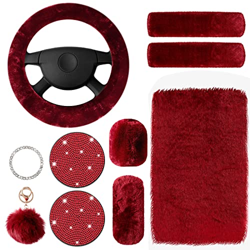 10 Pieces Fluffy Steering Wheel Covers Handbrake Cover Seat Belt Shoulder Pads Gear Shift Cover Diamond Ignition Ring Ball Key Chain Armrest Box Mat (Wine Red) 10 Pieces Fluffy Steering Wheel Covers Handbrake Cover Seat Belt Shoulder Pads Gear Shift Cover Diamond Ignition Ring Ball Key Chain Armrest Box Mat (Wine Red)