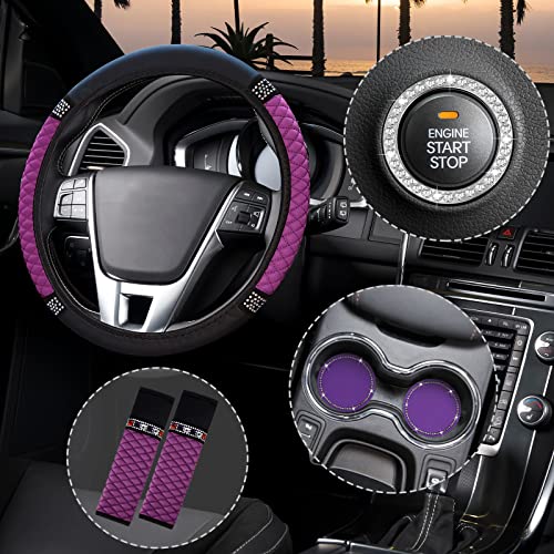 6 Pieces Steering Wheel Cover for Women Diamond Leather Car Seat Belt Shoulder Pads Cup Holder Insert Holders Rhinestone Ring Sticker Emblem with Crystal Rhinestones Car Decoration (Purple) 6 Pieces Steering Wheel Cover for Women Diamond Leather Car Seat Belt Shoulder Pads Cup Holder Insert Holders Rhinestone Ring Sticker Emblem with Crystal Rhinestones Car Decoration (Purple)
