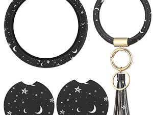 4 Pieces Black Moons White Stars Print Car Accessories Set Black Moons White Stars Steering Wheel Cover with 2 Pieces Car Cup Holder and Leather Keyring for Car Truck SUV